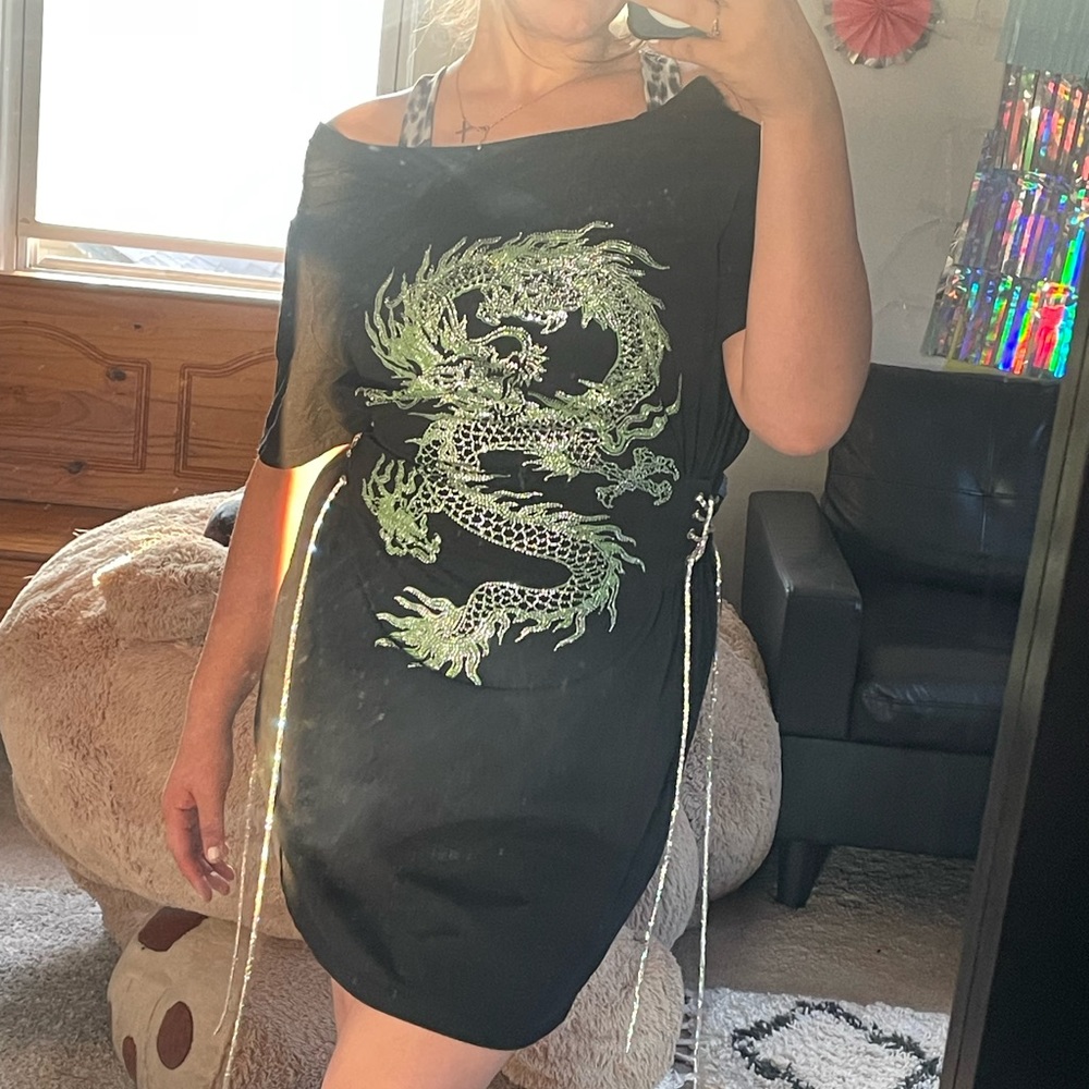 off the shoulder dragon beaded dress